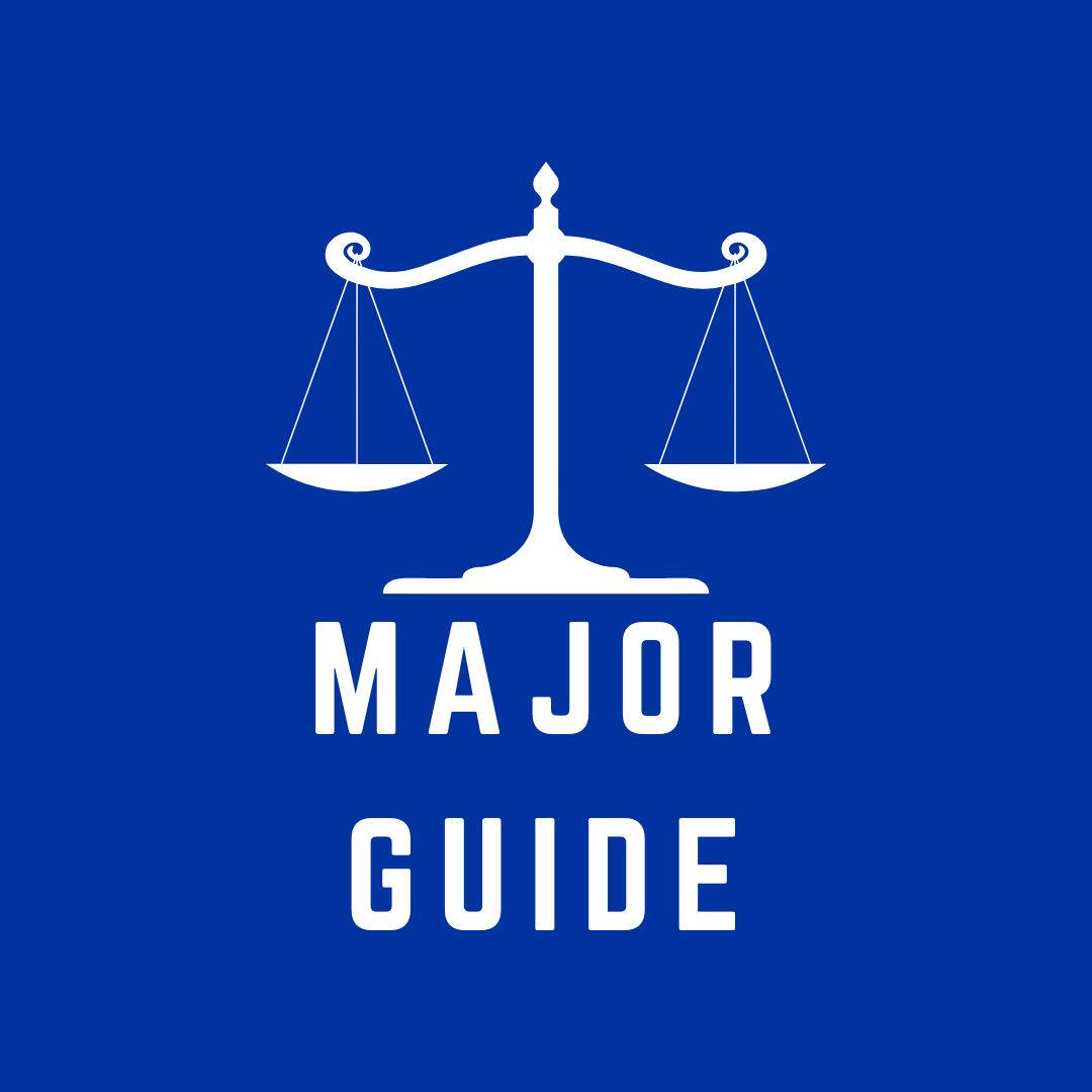 blue logo for legal studies major, image is a drawing of scales of justice above text that reads "major guide"